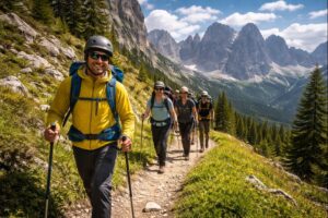 Grupo reducido realizando senderismo alpino en los Dolomitas